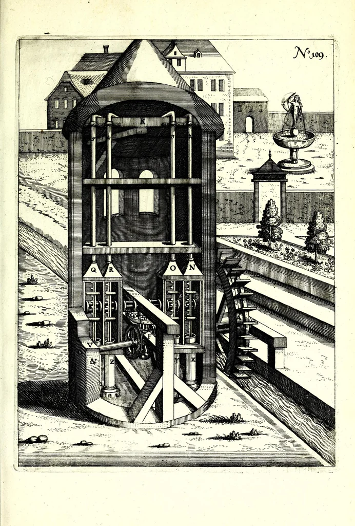 An illustration from Theatrum machinarum novum, das ist, Neu-vermehrter Schauplatz der mechanischen Künsten : handelt von allerhand Wasser- Wind- Ross- Gewicht- und Hand-Mühlen ... ; beneben nützlichen Wasser-Künsten ..., 1673, leaf 277