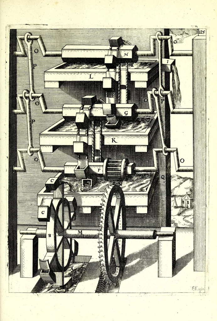An illustration from Theatrum machinarum novum, das ist, Neu-vermehrter Schauplatz der mechanischen Künsten : handelt von allerhand Wasser- Wind- Ross- Gewicht- und Hand-Mühlen ... ; beneben nützlichen Wasser-Künsten ..., 1673, leaf 309