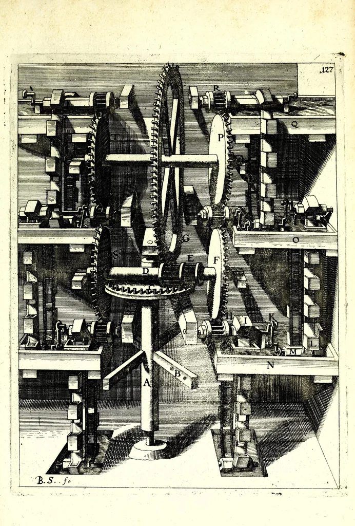 An illustration from Theatrum machinarum novum, das ist, Neu-vermehrter Schauplatz der mechanischen Künsten : handelt von allerhand Wasser- Wind- Ross- Gewicht- und Hand-Mühlen ... ; beneben nützlichen Wasser-Künsten ..., 1673, leaf 313