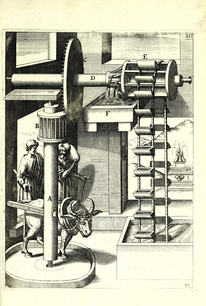 An illustration from Theatrum machinarum novum, das ist, Neu-vermehrter Schauplatz der mechanischen Künsten : handelt von allerhand Wasser- Wind- Ross- Gewicht- und Hand-Mühlen ... ; beneben nützlichen Wasser-Künsten ..., 1673, leaf 325