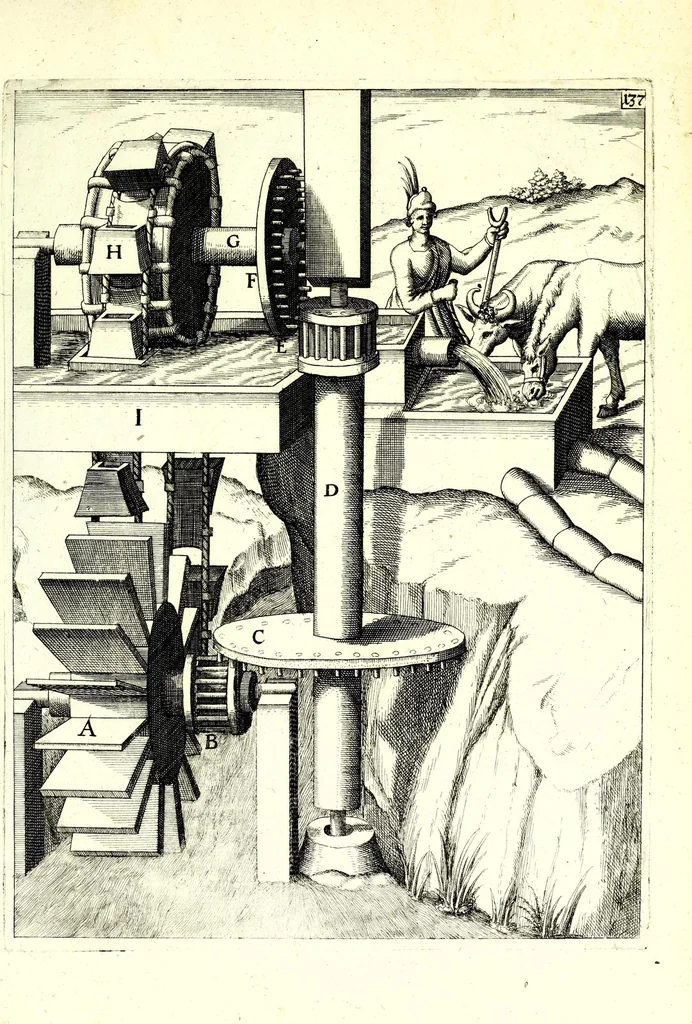 An illustration from Theatrum machinarum novum, das ist, Neu-vermehrter Schauplatz der mechanischen Künsten : handelt von allerhand Wasser- Wind- Ross- Gewicht- und Hand-Mühlen ... ; beneben nützlichen Wasser-Künsten ..., 1673, leaf 333