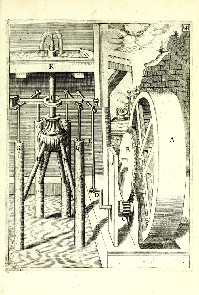 An illustration from Theatrum machinarum novum, das ist, Neu-vermehrter Schauplatz der mechanischen Künsten : handelt von allerhand Wasser- Wind- Ross- Gewicht- und Hand-Mühlen ... ; beneben nützlichen Wasser-Künsten ..., 1673, leaf 341