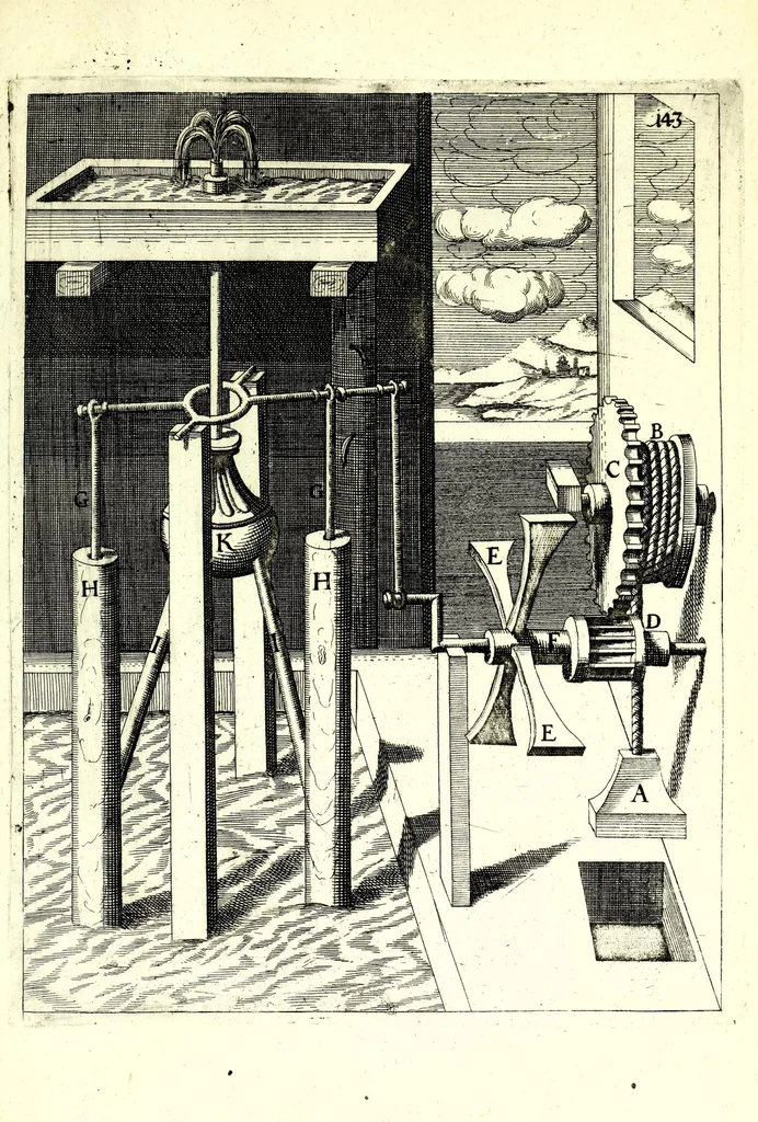 An illustration from Theatrum machinarum novum, das ist, Neu-vermehrter Schauplatz der mechanischen Künsten : handelt von allerhand Wasser- Wind- Ross- Gewicht- und Hand-Mühlen ... ; beneben nützlichen Wasser-Künsten ..., 1673, leaf 345