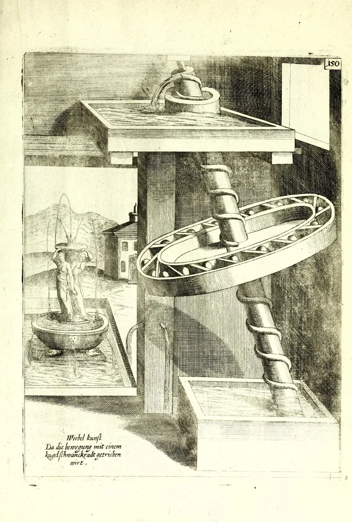 An illustration from Theatrum machinarum novum, das ist, Neu-vermehrter Schauplatz der mechanischen Künsten : handelt von allerhand Wasser- Wind- Ross- Gewicht- und Hand-Mühlen ... ; beneben nützlichen Wasser-Künsten ..., 1673, leaf 359