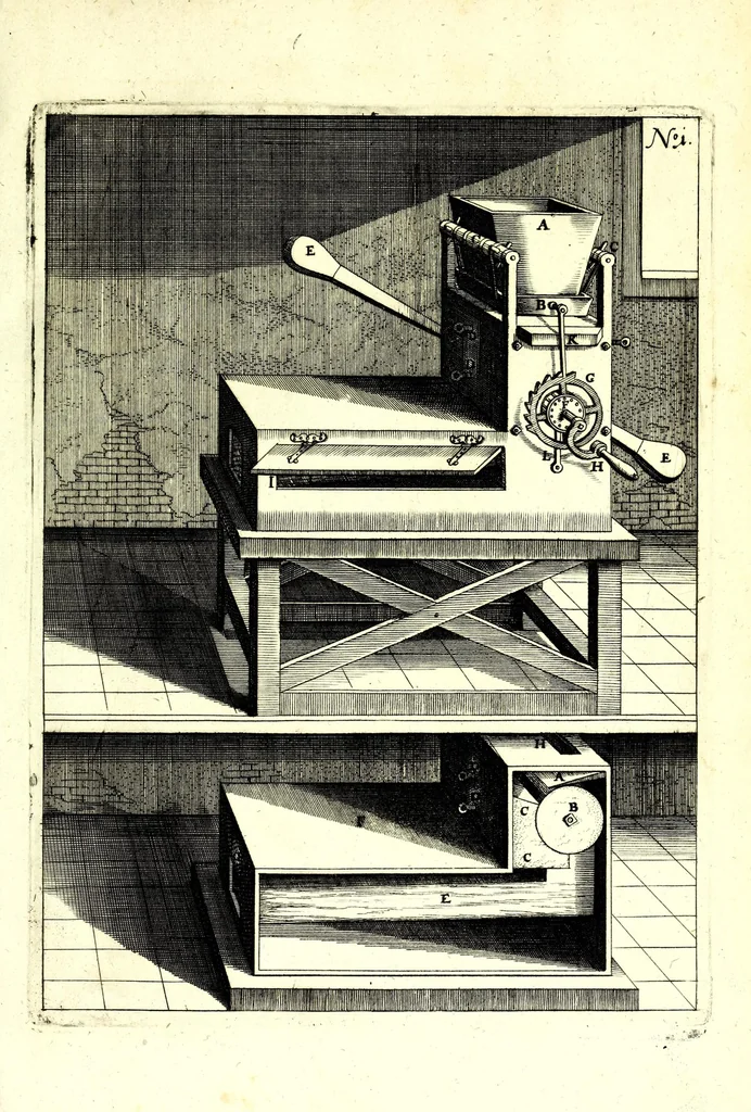 An illustration from Theatrum machinarum novum, das ist, Neu-vermehrter Schauplatz der mechanischen Künsten : handelt von allerhand Wasser- Wind- Ross- Gewicht- und Hand-Mühlen ... ; beneben nützlichen Wasser-Künsten ..., 1673, leaf 61