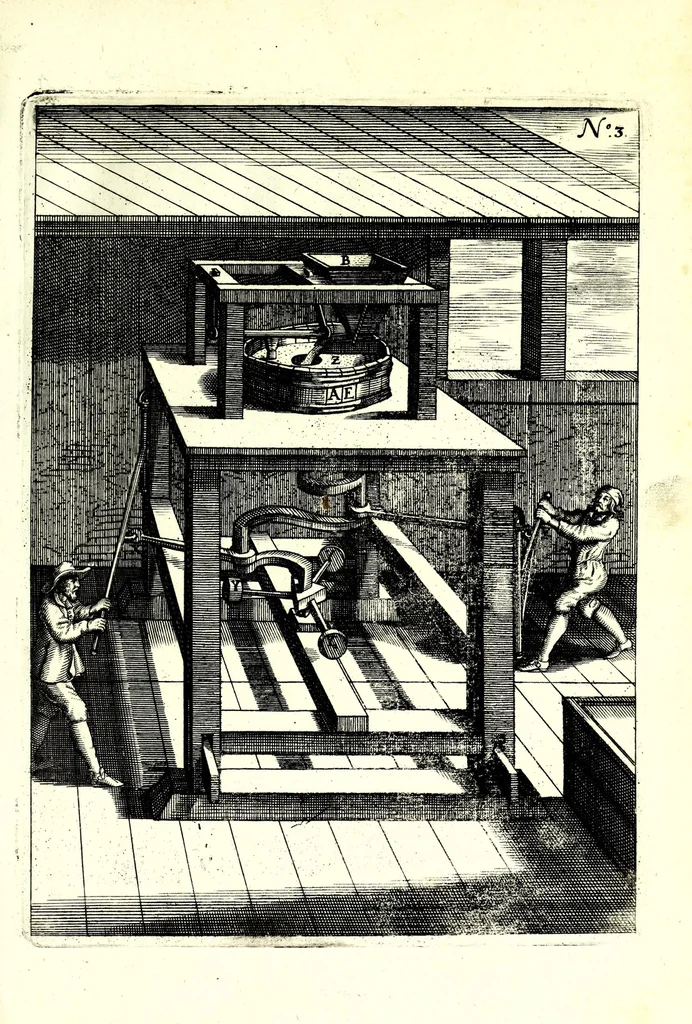 An illustration from Theatrum machinarum novum, das ist, Neu-vermehrter Schauplatz der mechanischen Künsten : handelt von allerhand Wasser- Wind- Ross- Gewicht- und Hand-Mühlen ... ; beneben nützlichen Wasser-Künsten ..., 1673, leaf 65