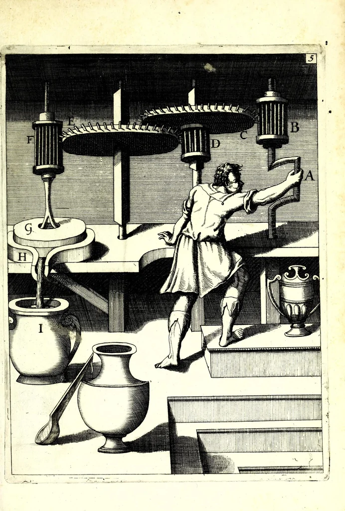 An illustration from Theatrum machinarum novum, das ist, Neu-vermehrter Schauplatz der mechanischen Künsten : handelt von allerhand Wasser- Wind- Ross- Gewicht- und Hand-Mühlen ... ; beneben nützlichen Wasser-Künsten ..., 1673, leaf 69