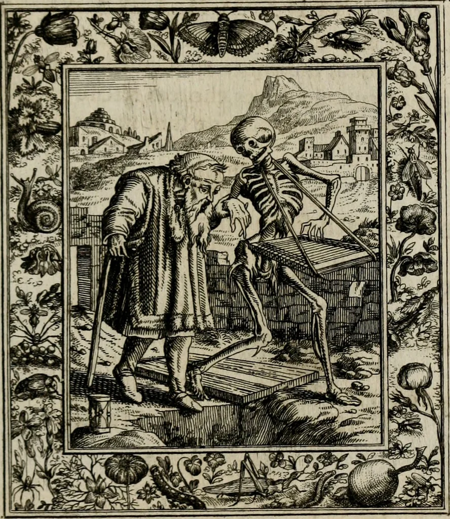 An illustration from Theatrum mortis humanæ tripartitum. I. Pars. Saltum mortis. II. Pars. Varia genera mortis. III. Pars. Pnas damnatorum continens. Figuris æneis illustratum, das ist, Schau-Bühne desz menschlichen Todts in drey Theil. 1. Theil. Der Toden Tantz. 2. Theil. Underschidliche Todts-Gattungen. 3. Theil. Der Verdambten Höllen-Peyn, vorstellend. Mit Schönen Kupffer-Stichen geziehrt vnd an Tag gegeben. Durch Joannem Weichardum Valvasor.., 1682, leaf 100