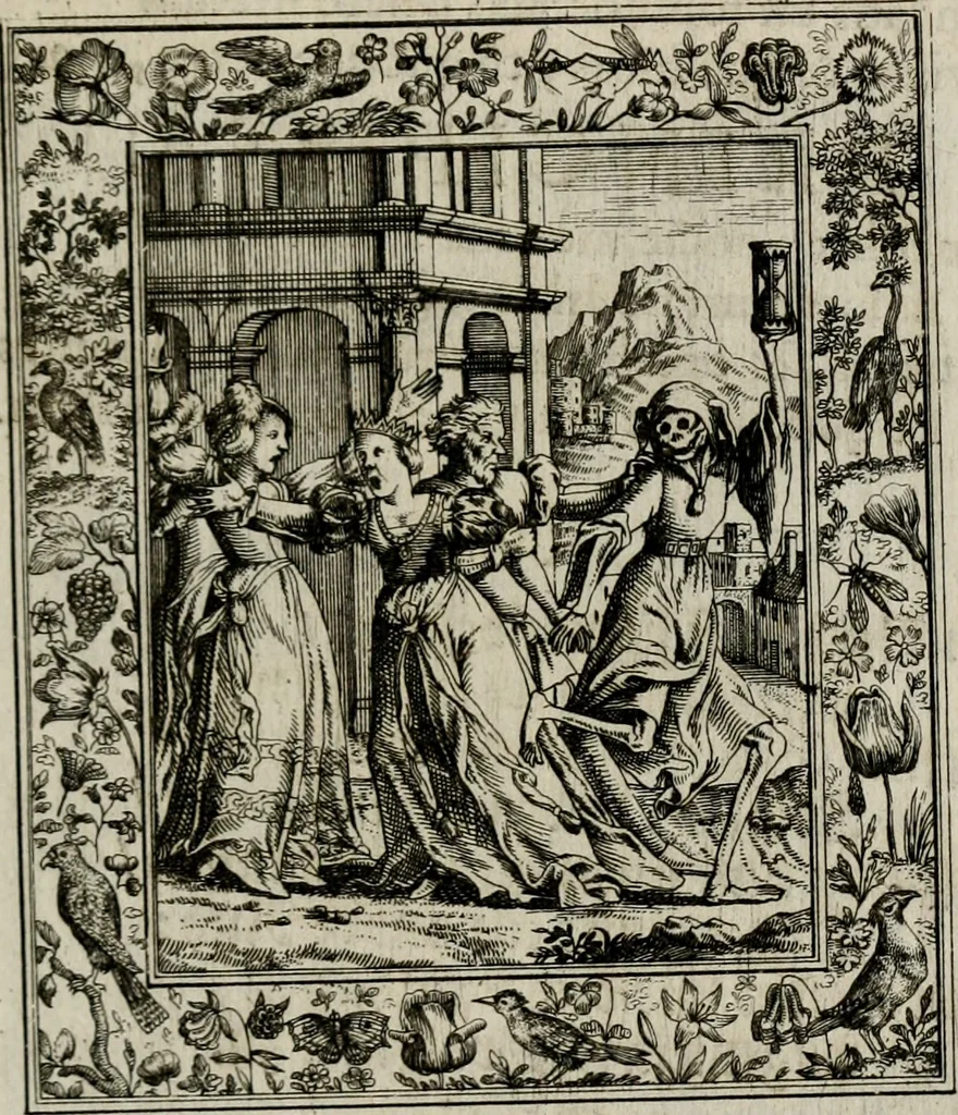 An illustration from Theatrum mortis humanæ tripartitum. I. Pars. Saltum mortis. II. Pars. Varia genera mortis. III. Pars. Pnas damnatorum continens. Figuris æneis illustratum, das ist, Schau-Bühne desz menschlichen Todts in drey Theil. 1. Theil. Der Toden Tantz. 2. Theil. Underschidliche Todts-Gattungen. 3. Theil. Der Verdambten Höllen-Peyn, vorstellend. Mit Schönen Kupffer-Stichen geziehrt vnd an Tag gegeben. Durch Joannem Weichardum Valvasor.., 1682, leaf 104