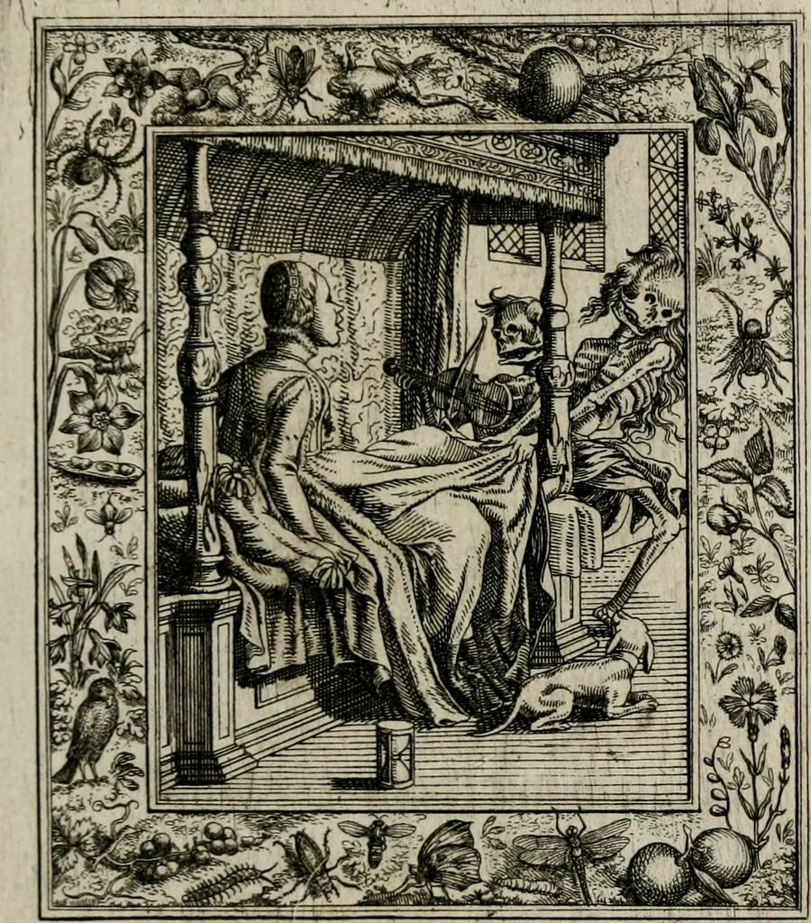 An illustration from Theatrum mortis humanæ tripartitum. I. Pars. Saltum mortis. II. Pars. Varia genera mortis. III. Pars. Pnas damnatorum continens. Figuris æneis illustratum, das ist, Schau-Bühne desz menschlichen Todts in drey Theil. 1. Theil. Der Toden Tantz. 2. Theil. Underschidliche Todts-Gattungen. 3. Theil. Der Verdambten Höllen-Peyn, vorstellend. Mit Schönen Kupffer-Stichen geziehrt vnd an Tag gegeben. Durch Joannem Weichardum Valvasor.., 1682, leaf 106