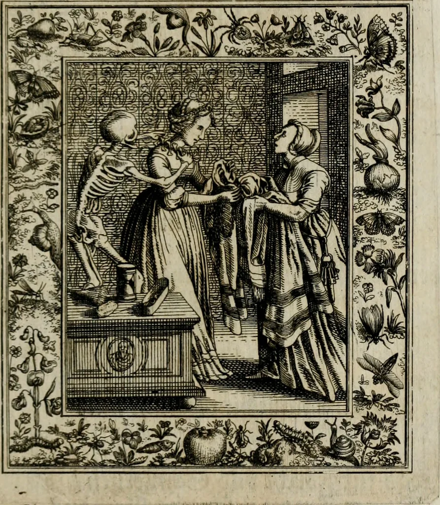 An illustration from Theatrum mortis humanæ tripartitum. I. Pars. Saltum mortis. II. Pars. Varia genera mortis. III. Pars. Pnas damnatorum continens. Figuris æneis illustratum, das ist, Schau-Bühne desz menschlichen Todts in drey Theil. 1. Theil. Der Toden Tantz. 2. Theil. Underschidliche Todts-Gattungen. 3. Theil. Der Verdambten Höllen-Peyn, vorstellend. Mit Schönen Kupffer-Stichen geziehrt vnd an Tag gegeben. Durch Joannem Weichardum Valvasor.., 1682, leaf 108