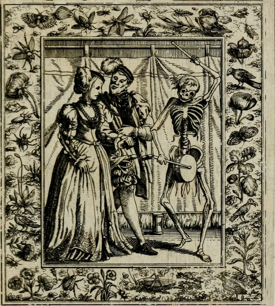 An illustration from Theatrum mortis humanæ tripartitum. I. Pars. Saltum mortis. II. Pars. Varia genera mortis. III. Pars. Pnas damnatorum continens. Figuris æneis illustratum, das ist, Schau-Bühne desz menschlichen Todts in drey Theil. 1. Theil. Der Toden Tantz. 2. Theil. Underschidliche Todts-Gattungen. 3. Theil. Der Verdambten Höllen-Peyn, vorstellend. Mit Schönen Kupffer-Stichen geziehrt vnd an Tag gegeben. Durch Joannem Weichardum Valvasor.., 1682, leaf 110