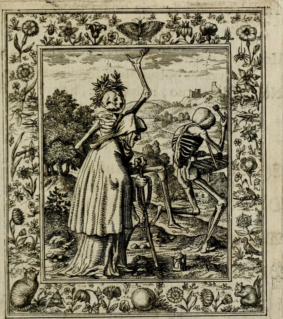 An illustration from Theatrum mortis humanæ tripartitum. I. Pars. Saltum mortis. II. Pars. Varia genera mortis. III. Pars. Pnas damnatorum continens. Figuris æneis illustratum, das ist, Schau-Bühne desz menschlichen Todts in drey Theil. 1. Theil. Der Toden Tantz. 2. Theil. Underschidliche Todts-Gattungen. 3. Theil. Der Verdambten Höllen-Peyn, vorstellend. Mit Schönen Kupffer-Stichen geziehrt vnd an Tag gegeben. Durch Joannem Weichardum Valvasor.., 1682, leaf 112