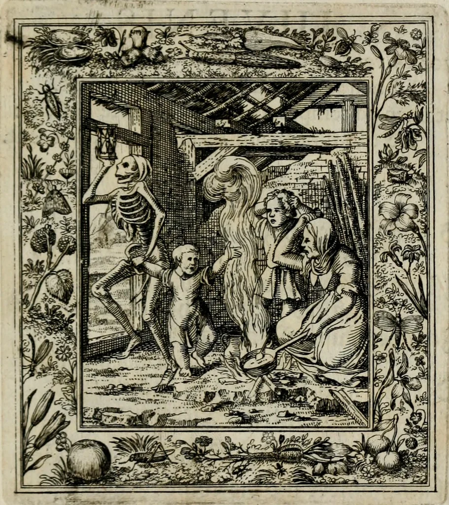An illustration from Theatrum mortis humanæ tripartitum. I. Pars. Saltum mortis. II. Pars. Varia genera mortis. III. Pars. Pnas damnatorum continens. Figuris æneis illustratum, das ist, Schau-Bühne desz menschlichen Todts in drey Theil. 1. Theil. Der Toden Tantz. 2. Theil. Underschidliche Todts-Gattungen. 3. Theil. Der Verdambten Höllen-Peyn, vorstellend. Mit Schönen Kupffer-Stichen geziehrt vnd an Tag gegeben. Durch Joannem Weichardum Valvasor.., 1682, leaf 114