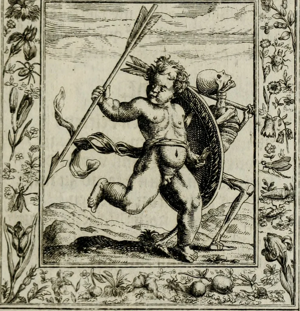 An illustration from Theatrum mortis humanæ tripartitum. I. Pars. Saltum mortis. II. Pars. Varia genera mortis. III. Pars. Pnas damnatorum continens. Figuris æneis illustratum, das ist, Schau-Bühne desz menschlichen Todts in drey Theil. 1. Theil. Der Toden Tantz. 2. Theil. Underschidliche Todts-Gattungen. 3. Theil. Der Verdambten Höllen-Peyn, vorstellend. Mit Schönen Kupffer-Stichen geziehrt vnd an Tag gegeben. Durch Joannem Weichardum Valvasor.., 1682, leaf 116
