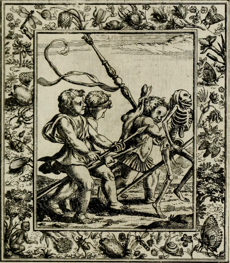 An illustration from Theatrum mortis humanæ tripartitum. I. Pars. Saltum mortis. II. Pars. Varia genera mortis. III. Pars. Pnas damnatorum continens. Figuris æneis illustratum, das ist, Schau-Bühne desz menschlichen Todts in drey Theil. 1. Theil. Der Toden Tantz. 2. Theil. Underschidliche Todts-Gattungen. 3. Theil. Der Verdambten Höllen-Peyn, vorstellend. Mit Schönen Kupffer-Stichen geziehrt vnd an Tag gegeben. Durch Joannem Weichardum Valvasor.., 1682, leaf 118