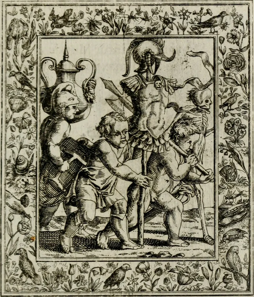 An illustration from Theatrum mortis humanæ tripartitum. I. Pars. Saltum mortis. II. Pars. Varia genera mortis. III. Pars. Pnas damnatorum continens. Figuris æneis illustratum, das ist, Schau-Bühne desz menschlichen Todts in drey Theil. 1. Theil. Der Toden Tantz. 2. Theil. Underschidliche Todts-Gattungen. 3. Theil. Der Verdambten Höllen-Peyn, vorstellend. Mit Schönen Kupffer-Stichen geziehrt vnd an Tag gegeben. Durch Joannem Weichardum Valvasor.., 1682, leaf 122