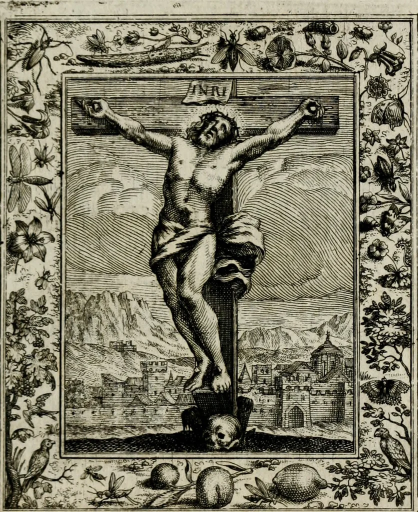 An illustration from Theatrum mortis humanæ tripartitum. I. Pars. Saltum mortis. II. Pars. Varia genera mortis. III. Pars. Pnas damnatorum continens. Figuris æneis illustratum, das ist, Schau-Bühne desz menschlichen Todts in drey Theil. 1. Theil. Der Toden Tantz. 2. Theil. Underschidliche Todts-Gattungen. 3. Theil. Der Verdambten Höllen-Peyn, vorstellend. Mit Schönen Kupffer-Stichen geziehrt vnd an Tag gegeben. Durch Joannem Weichardum Valvasor.., 1682, leaf 124