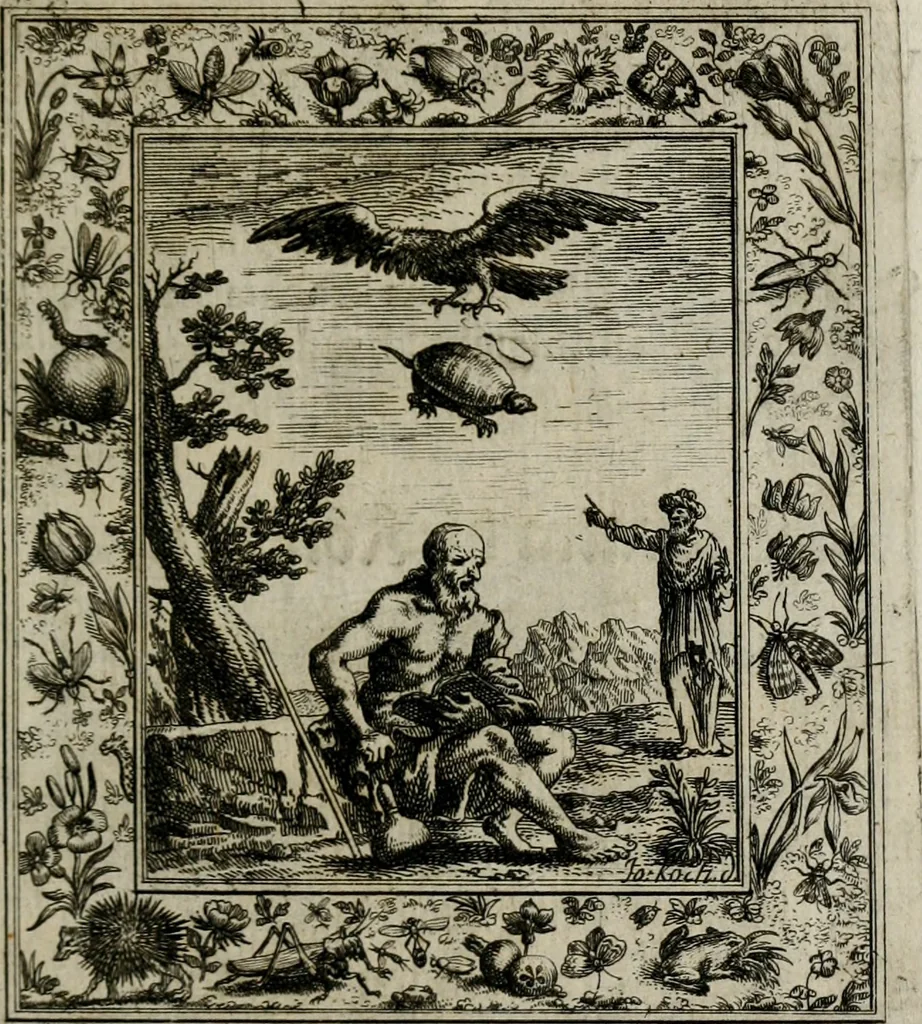 An illustration from Theatrum mortis humanæ tripartitum. I. Pars. Saltum mortis. II. Pars. Varia genera mortis. III. Pars. Pnas damnatorum continens. Figuris æneis illustratum, das ist, Schau-Bühne desz menschlichen Todts in drey Theil. 1. Theil. Der Toden Tantz. 2. Theil. Underschidliche Todts-Gattungen. 3. Theil. Der Verdambten Höllen-Peyn, vorstellend. Mit Schönen Kupffer-Stichen geziehrt vnd an Tag gegeben. Durch Joannem Weichardum Valvasor.., 1682, leaf 134