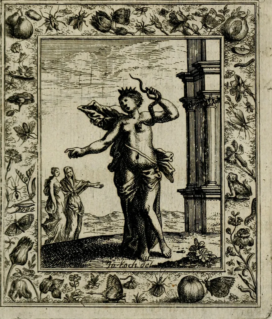 An illustration from Theatrum mortis humanæ tripartitum. I. Pars. Saltum mortis. II. Pars. Varia genera mortis. III. Pars. Pnas damnatorum continens. Figuris æneis illustratum, das ist, Schau-Bühne desz menschlichen Todts in drey Theil. 1. Theil. Der Toden Tantz. 2. Theil. Underschidliche Todts-Gattungen. 3. Theil. Der Verdambten Höllen-Peyn, vorstellend. Mit Schönen Kupffer-Stichen geziehrt vnd an Tag gegeben. Durch Joannem Weichardum Valvasor.., 1682, leaf 136