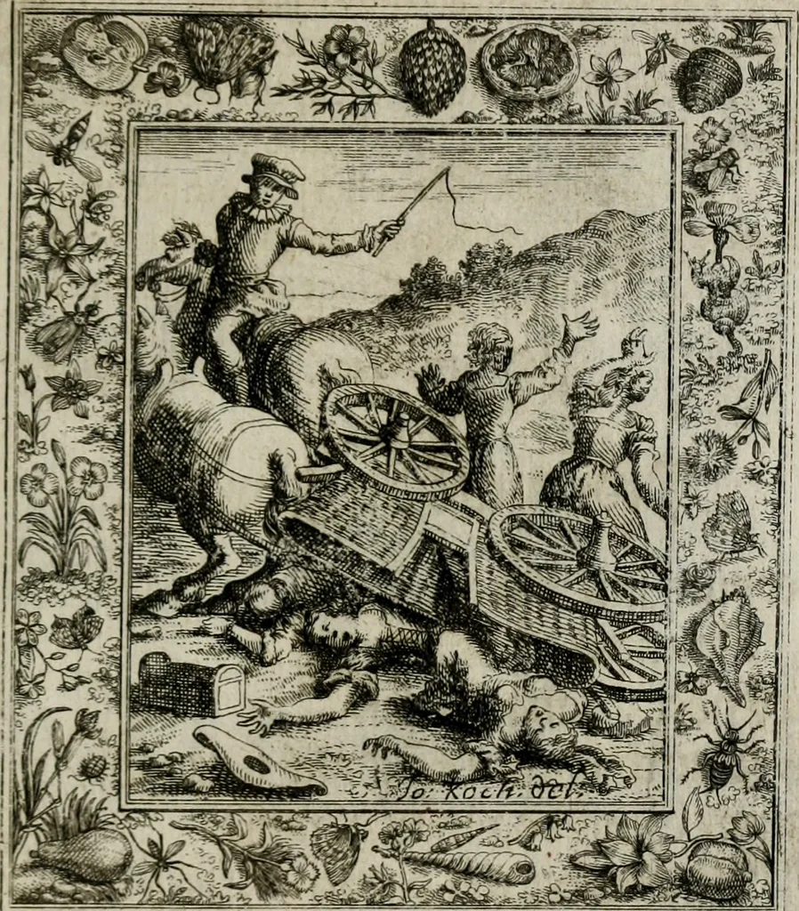 An illustration from Theatrum mortis humanæ tripartitum. I. Pars. Saltum mortis. II. Pars. Varia genera mortis. III. Pars. Pnas damnatorum continens. Figuris æneis illustratum, das ist, Schau-Bühne desz menschlichen Todts in drey Theil. 1. Theil. Der Toden Tantz. 2. Theil. Underschidliche Todts-Gattungen. 3. Theil. Der Verdambten Höllen-Peyn, vorstellend. Mit Schönen Kupffer-Stichen geziehrt vnd an Tag gegeben. Durch Joannem Weichardum Valvasor.., 1682, leaf 140