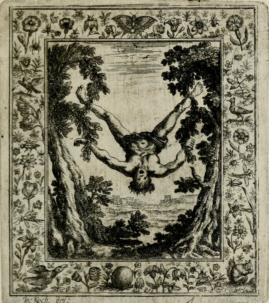 An illustration from Theatrum mortis humanæ tripartitum. I. Pars. Saltum mortis. II. Pars. Varia genera mortis. III. Pars. Pnas damnatorum continens. Figuris æneis illustratum, das ist, Schau-Bühne desz menschlichen Todts in drey Theil. 1. Theil. Der Toden Tantz. 2. Theil. Underschidliche Todts-Gattungen. 3. Theil. Der Verdambten Höllen-Peyn, vorstellend. Mit Schönen Kupffer-Stichen geziehrt vnd an Tag gegeben. Durch Joannem Weichardum Valvasor.., 1682, leaf 142