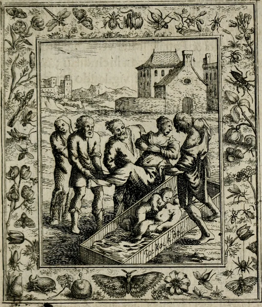 An illustration from Theatrum mortis humanæ tripartitum. I. Pars. Saltum mortis. II. Pars. Varia genera mortis. III. Pars. Pnas damnatorum continens. Figuris æneis illustratum, das ist, Schau-Bühne desz menschlichen Todts in drey Theil. 1. Theil. Der Toden Tantz. 2. Theil. Underschidliche Todts-Gattungen. 3. Theil. Der Verdambten Höllen-Peyn, vorstellend. Mit Schönen Kupffer-Stichen geziehrt vnd an Tag gegeben. Durch Joannem Weichardum Valvasor.., 1682, leaf 144