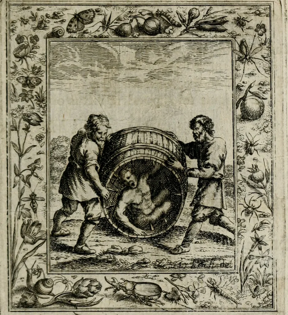 An illustration from Theatrum mortis humanæ tripartitum. I. Pars. Saltum mortis. II. Pars. Varia genera mortis. III. Pars. Pnas damnatorum continens. Figuris æneis illustratum, das ist, Schau-Bühne desz menschlichen Todts in drey Theil. 1. Theil. Der Toden Tantz. 2. Theil. Underschidliche Todts-Gattungen. 3. Theil. Der Verdambten Höllen-Peyn, vorstellend. Mit Schönen Kupffer-Stichen geziehrt vnd an Tag gegeben. Durch Joannem Weichardum Valvasor.., 1682, leaf 146