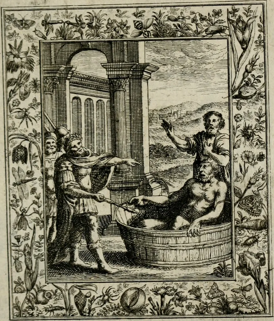 An illustration from Theatrum mortis humanæ tripartitum. I. Pars. Saltum mortis. II. Pars. Varia genera mortis. III. Pars. Pnas damnatorum continens. Figuris æneis illustratum, das ist, Schau-Bühne desz menschlichen Todts in drey Theil. 1. Theil. Der Toden Tantz. 2. Theil. Underschidliche Todts-Gattungen. 3. Theil. Der Verdambten Höllen-Peyn, vorstellend. Mit Schönen Kupffer-Stichen geziehrt vnd an Tag gegeben. Durch Joannem Weichardum Valvasor.., 1682, leaf 150