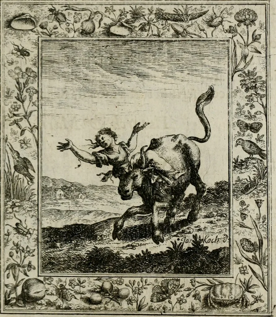 An illustration from Theatrum mortis humanæ tripartitum. I. Pars. Saltum mortis. II. Pars. Varia genera mortis. III. Pars. Pnas damnatorum continens. Figuris æneis illustratum, das ist, Schau-Bühne desz menschlichen Todts in drey Theil. 1. Theil. Der Toden Tantz. 2. Theil. Underschidliche Todts-Gattungen. 3. Theil. Der Verdambten Höllen-Peyn, vorstellend. Mit Schönen Kupffer-Stichen geziehrt vnd an Tag gegeben. Durch Joannem Weichardum Valvasor.., 1682, leaf 152