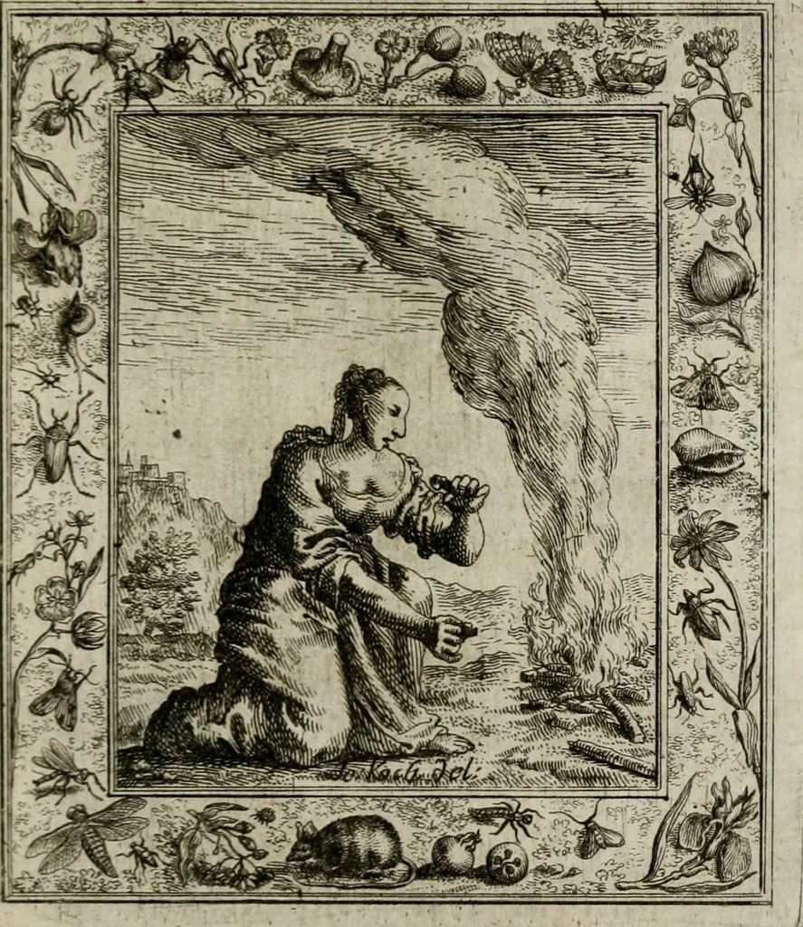 An illustration from Theatrum mortis humanæ tripartitum. I. Pars. Saltum mortis. II. Pars. Varia genera mortis. III. Pars. Pnas damnatorum continens. Figuris æneis illustratum, das ist, Schau-Bühne desz menschlichen Todts in drey Theil. 1. Theil. Der Toden Tantz. 2. Theil. Underschidliche Todts-Gattungen. 3. Theil. Der Verdambten Höllen-Peyn, vorstellend. Mit Schönen Kupffer-Stichen geziehrt vnd an Tag gegeben. Durch Joannem Weichardum Valvasor.., 1682, leaf 154