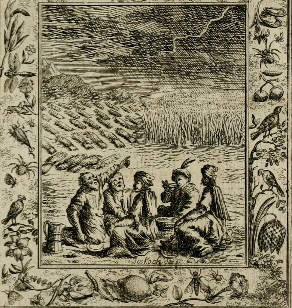 An illustration from Theatrum mortis humanæ tripartitum. I. Pars. Saltum mortis. II. Pars. Varia genera mortis. III. Pars. Pnas damnatorum continens. Figuris æneis illustratum, das ist, Schau-Bühne desz menschlichen Todts in drey Theil. 1. Theil. Der Toden Tantz. 2. Theil. Underschidliche Todts-Gattungen. 3. Theil. Der Verdambten Höllen-Peyn, vorstellend. Mit Schönen Kupffer-Stichen geziehrt vnd an Tag gegeben. Durch Joannem Weichardum Valvasor.., 1682, leaf 156