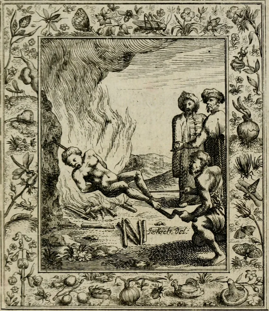 An illustration from Theatrum mortis humanæ tripartitum. I. Pars. Saltum mortis. II. Pars. Varia genera mortis. III. Pars. Pnas damnatorum continens. Figuris æneis illustratum, das ist, Schau-Bühne desz menschlichen Todts in drey Theil. 1. Theil. Der Toden Tantz. 2. Theil. Underschidliche Todts-Gattungen. 3. Theil. Der Verdambten Höllen-Peyn, vorstellend. Mit Schönen Kupffer-Stichen geziehrt vnd an Tag gegeben. Durch Joannem Weichardum Valvasor.., 1682, leaf 158