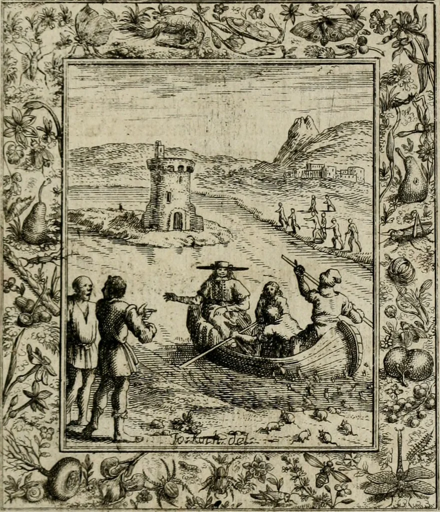 An illustration from Theatrum mortis humanæ tripartitum. I. Pars. Saltum mortis. II. Pars. Varia genera mortis. III. Pars. Pnas damnatorum continens. Figuris æneis illustratum, das ist, Schau-Bühne desz menschlichen Todts in drey Theil. 1. Theil. Der Toden Tantz. 2. Theil. Underschidliche Todts-Gattungen. 3. Theil. Der Verdambten Höllen-Peyn, vorstellend. Mit Schönen Kupffer-Stichen geziehrt vnd an Tag gegeben. Durch Joannem Weichardum Valvasor.., 1682, leaf 160