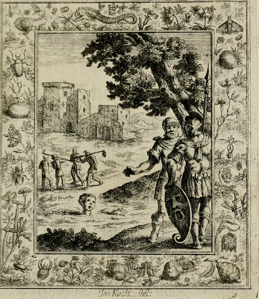 An illustration from Theatrum mortis humanæ tripartitum. I. Pars. Saltum mortis. II. Pars. Varia genera mortis. III. Pars. Pnas damnatorum continens. Figuris æneis illustratum, das ist, Schau-Bühne desz menschlichen Todts in drey Theil. 1. Theil. Der Toden Tantz. 2. Theil. Underschidliche Todts-Gattungen. 3. Theil. Der Verdambten Höllen-Peyn, vorstellend. Mit Schönen Kupffer-Stichen geziehrt vnd an Tag gegeben. Durch Joannem Weichardum Valvasor.., 1682, leaf 162