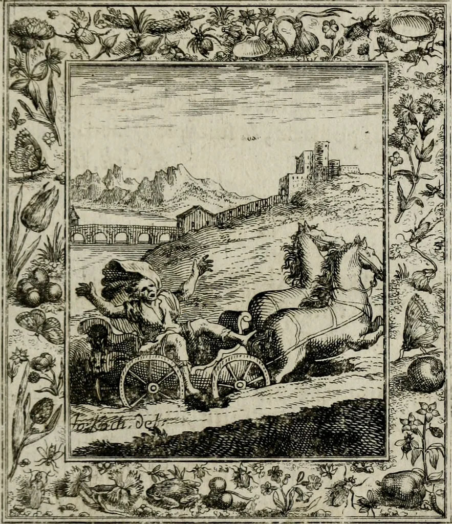 An illustration from Theatrum mortis humanæ tripartitum. I. Pars. Saltum mortis. II. Pars. Varia genera mortis. III. Pars. Pnas damnatorum continens. Figuris æneis illustratum, das ist, Schau-Bühne desz menschlichen Todts in drey Theil. 1. Theil. Der Toden Tantz. 2. Theil. Underschidliche Todts-Gattungen. 3. Theil. Der Verdambten Höllen-Peyn, vorstellend. Mit Schönen Kupffer-Stichen geziehrt vnd an Tag gegeben. Durch Joannem Weichardum Valvasor.., 1682, leaf 164
