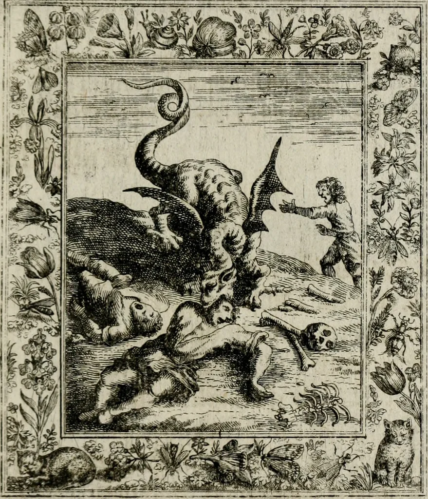 An illustration from Theatrum mortis humanæ tripartitum. I. Pars. Saltum mortis. II. Pars. Varia genera mortis. III. Pars. Pnas damnatorum continens. Figuris æneis illustratum, das ist, Schau-Bühne desz menschlichen Todts in drey Theil. 1. Theil. Der Toden Tantz. 2. Theil. Underschidliche Todts-Gattungen. 3. Theil. Der Verdambten Höllen-Peyn, vorstellend. Mit Schönen Kupffer-Stichen geziehrt vnd an Tag gegeben. Durch Joannem Weichardum Valvasor.., 1682, leaf 166