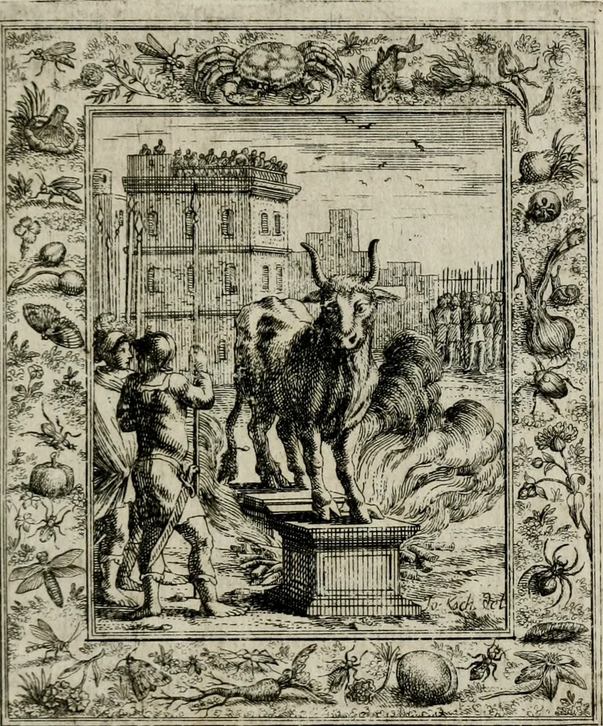 An illustration from Theatrum mortis humanæ tripartitum. I. Pars. Saltum mortis. II. Pars. Varia genera mortis. III. Pars. Pnas damnatorum continens. Figuris æneis illustratum, das ist, Schau-Bühne desz menschlichen Todts in drey Theil. 1. Theil. Der Toden Tantz. 2. Theil. Underschidliche Todts-Gattungen. 3. Theil. Der Verdambten Höllen-Peyn, vorstellend. Mit Schönen Kupffer-Stichen geziehrt vnd an Tag gegeben. Durch Joannem Weichardum Valvasor.., 1682, leaf 168