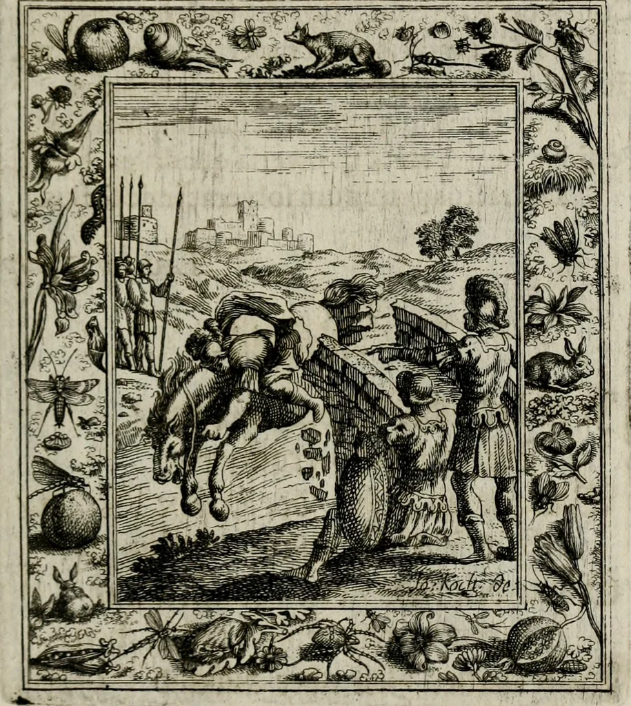 An illustration from Theatrum mortis humanæ tripartitum. I. Pars. Saltum mortis. II. Pars. Varia genera mortis. III. Pars. Pnas damnatorum continens. Figuris æneis illustratum, das ist, Schau-Bühne desz menschlichen Todts in drey Theil. 1. Theil. Der Toden Tantz. 2. Theil. Underschidliche Todts-Gattungen. 3. Theil. Der Verdambten Höllen-Peyn, vorstellend. Mit Schönen Kupffer-Stichen geziehrt vnd an Tag gegeben. Durch Joannem Weichardum Valvasor.., 1682, leaf 170