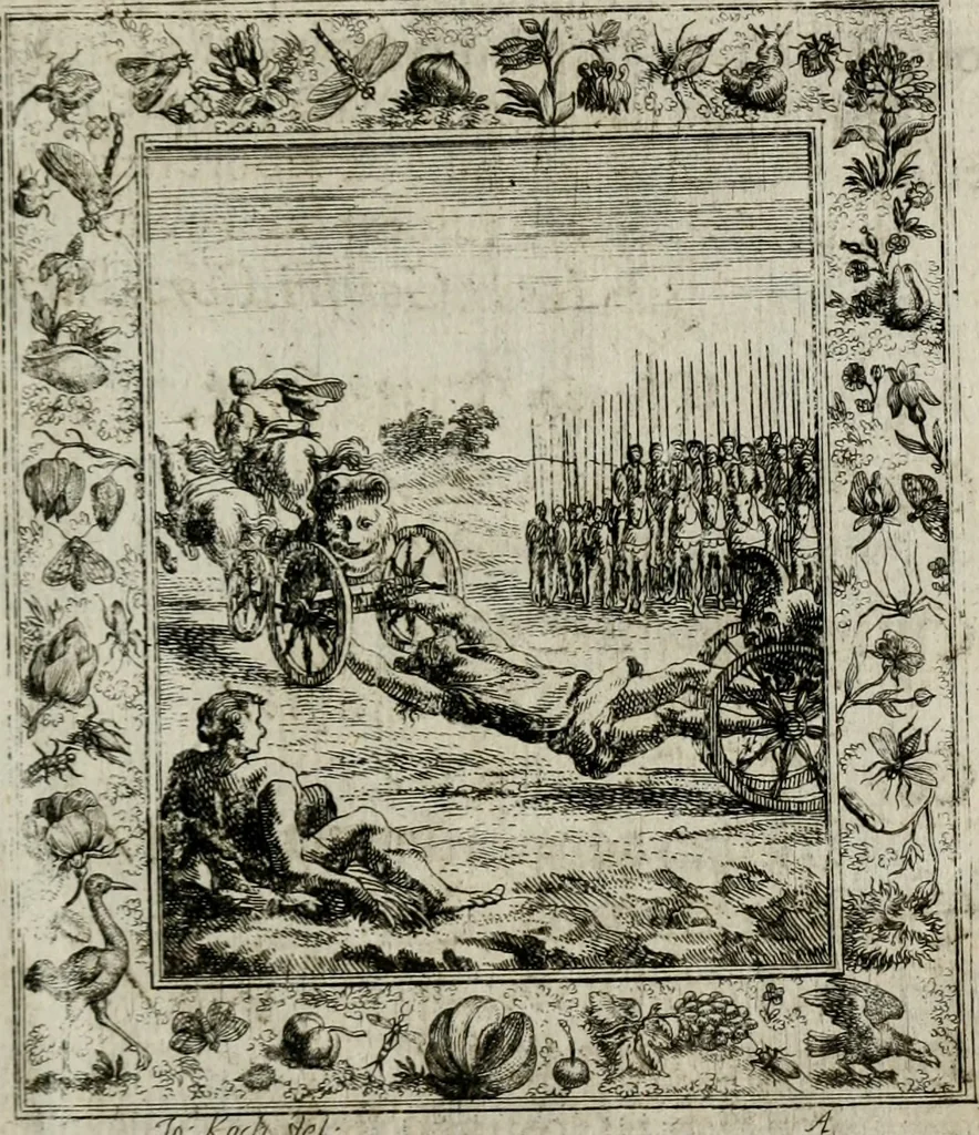 An illustration from Theatrum mortis humanæ tripartitum. I. Pars. Saltum mortis. II. Pars. Varia genera mortis. III. Pars. Pnas damnatorum continens. Figuris æneis illustratum, das ist, Schau-Bühne desz menschlichen Todts in drey Theil. 1. Theil. Der Toden Tantz. 2. Theil. Underschidliche Todts-Gattungen. 3. Theil. Der Verdambten Höllen-Peyn, vorstellend. Mit Schönen Kupffer-Stichen geziehrt vnd an Tag gegeben. Durch Joannem Weichardum Valvasor.., 1682, leaf 172