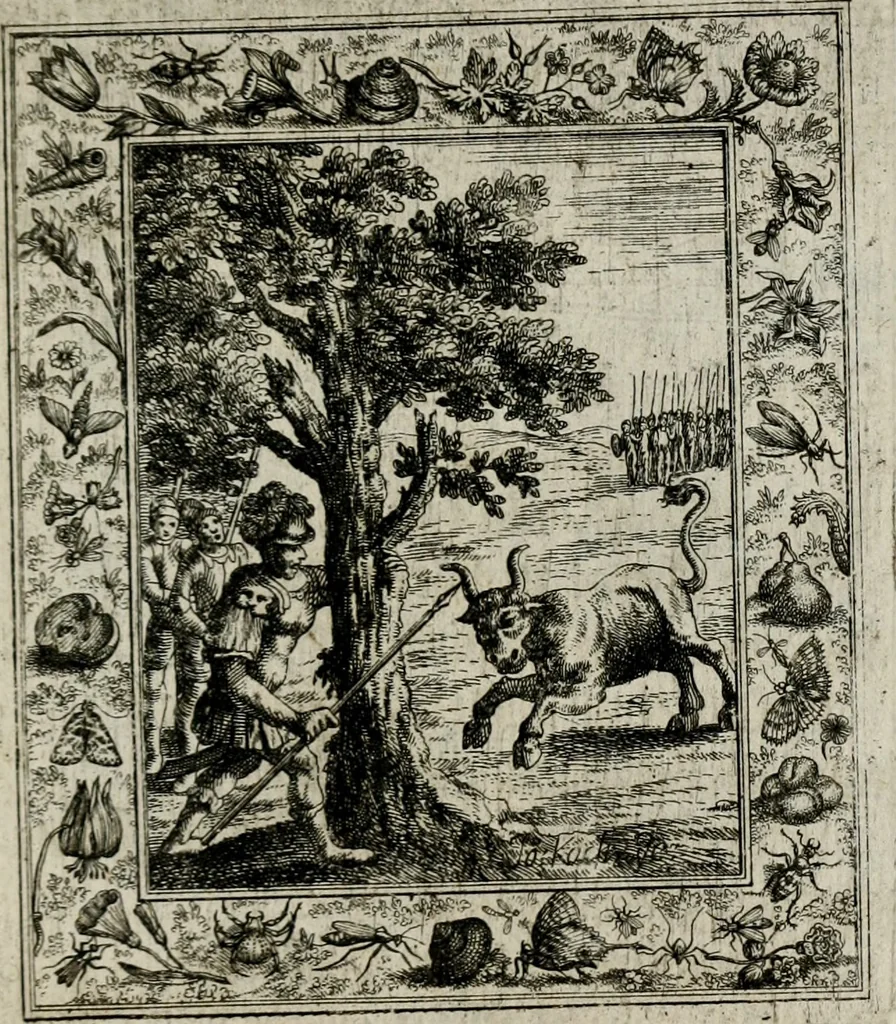 An illustration from Theatrum mortis humanæ tripartitum. I. Pars. Saltum mortis. II. Pars. Varia genera mortis. III. Pars. Pnas damnatorum continens. Figuris æneis illustratum, das ist, Schau-Bühne desz menschlichen Todts in drey Theil. 1. Theil. Der Toden Tantz. 2. Theil. Underschidliche Todts-Gattungen. 3. Theil. Der Verdambten Höllen-Peyn, vorstellend. Mit Schönen Kupffer-Stichen geziehrt vnd an Tag gegeben. Durch Joannem Weichardum Valvasor.., 1682, leaf 174