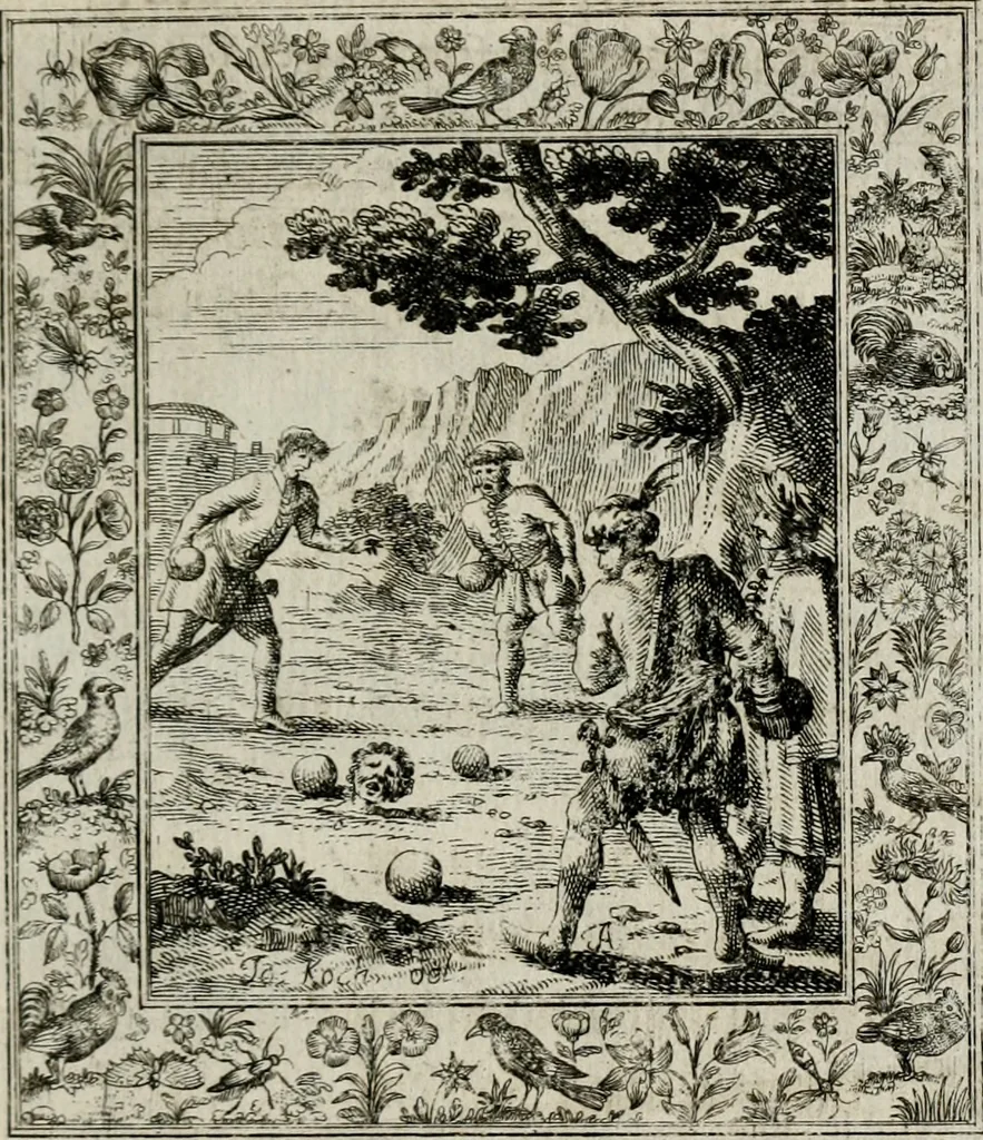 An illustration from Theatrum mortis humanæ tripartitum. I. Pars. Saltum mortis. II. Pars. Varia genera mortis. III. Pars. Pnas damnatorum continens. Figuris æneis illustratum, das ist, Schau-Bühne desz menschlichen Todts in drey Theil. 1. Theil. Der Toden Tantz. 2. Theil. Underschidliche Todts-Gattungen. 3. Theil. Der Verdambten Höllen-Peyn, vorstellend. Mit Schönen Kupffer-Stichen geziehrt vnd an Tag gegeben. Durch Joannem Weichardum Valvasor.., 1682, leaf 176