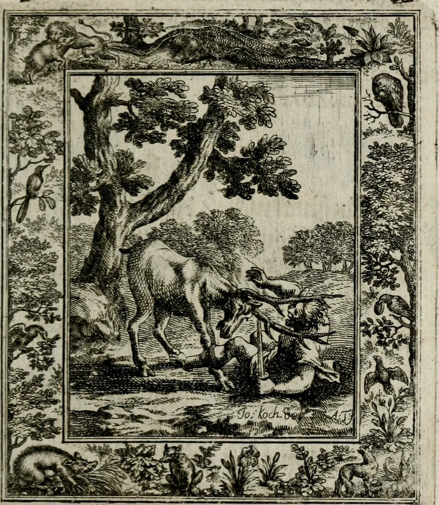 An illustration from Theatrum mortis humanæ tripartitum. I. Pars. Saltum mortis. II. Pars. Varia genera mortis. III. Pars. Pnas damnatorum continens. Figuris æneis illustratum, das ist, Schau-Bühne desz menschlichen Todts in drey Theil. 1. Theil. Der Toden Tantz. 2. Theil. Underschidliche Todts-Gattungen. 3. Theil. Der Verdambten Höllen-Peyn, vorstellend. Mit Schönen Kupffer-Stichen geziehrt vnd an Tag gegeben. Durch Joannem Weichardum Valvasor.., 1682, leaf 178