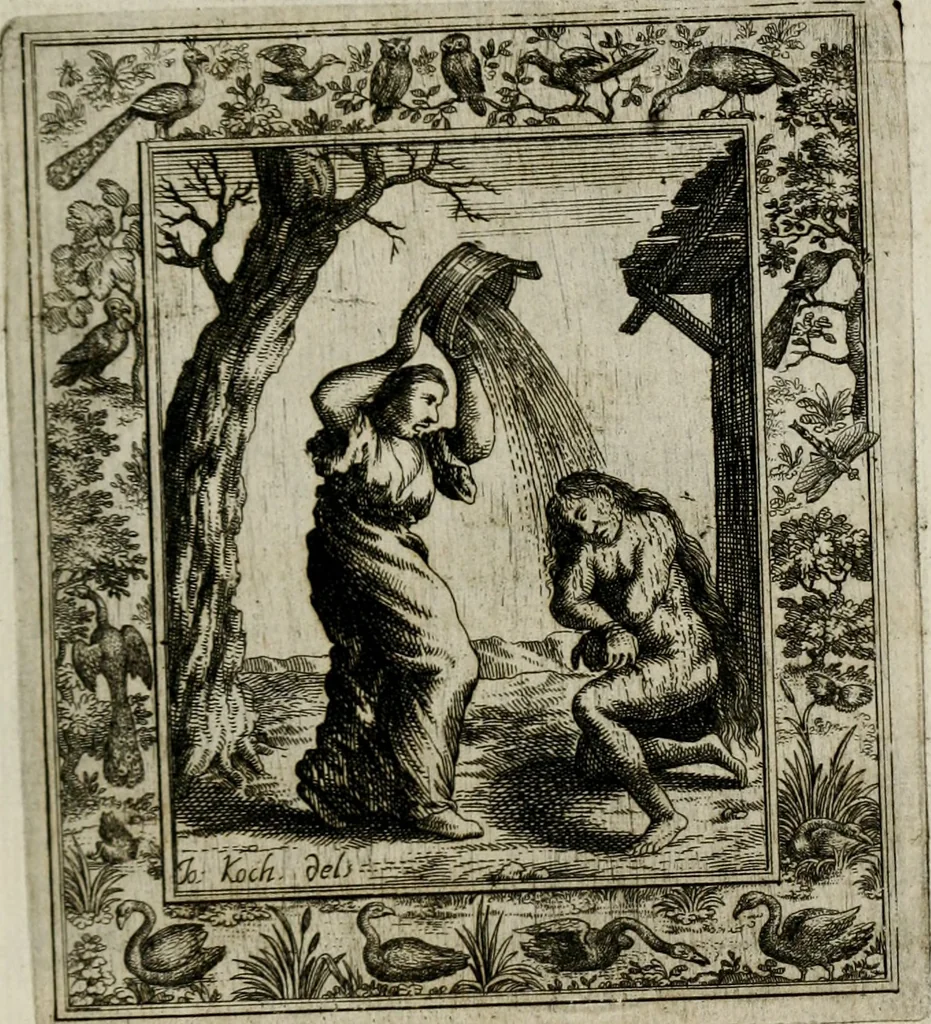 An illustration from Theatrum mortis humanæ tripartitum. I. Pars. Saltum mortis. II. Pars. Varia genera mortis. III. Pars. Pnas damnatorum continens. Figuris æneis illustratum, das ist, Schau-Bühne desz menschlichen Todts in drey Theil. 1. Theil. Der Toden Tantz. 2. Theil. Underschidliche Todts-Gattungen. 3. Theil. Der Verdambten Höllen-Peyn, vorstellend. Mit Schönen Kupffer-Stichen geziehrt vnd an Tag gegeben. Durch Joannem Weichardum Valvasor.., 1682, leaf 180
