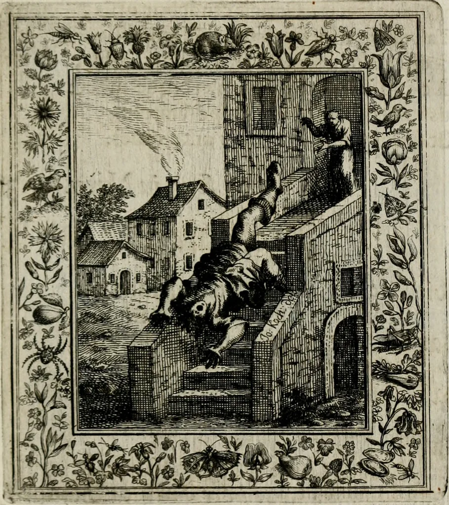 An illustration from Theatrum mortis humanæ tripartitum. I. Pars. Saltum mortis. II. Pars. Varia genera mortis. III. Pars. Pnas damnatorum continens. Figuris æneis illustratum, das ist, Schau-Bühne desz menschlichen Todts in drey Theil. 1. Theil. Der Toden Tantz. 2. Theil. Underschidliche Todts-Gattungen. 3. Theil. Der Verdambten Höllen-Peyn, vorstellend. Mit Schönen Kupffer-Stichen geziehrt vnd an Tag gegeben. Durch Joannem Weichardum Valvasor.., 1682, leaf 182