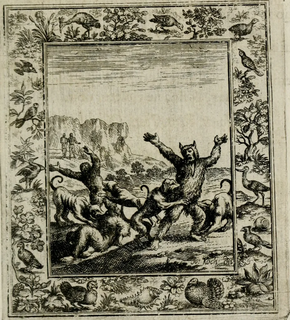 An illustration from Theatrum mortis humanæ tripartitum. I. Pars. Saltum mortis. II. Pars. Varia genera mortis. III. Pars. Pnas damnatorum continens. Figuris æneis illustratum, das ist, Schau-Bühne desz menschlichen Todts in drey Theil. 1. Theil. Der Toden Tantz. 2. Theil. Underschidliche Todts-Gattungen. 3. Theil. Der Verdambten Höllen-Peyn, vorstellend. Mit Schönen Kupffer-Stichen geziehrt vnd an Tag gegeben. Durch Joannem Weichardum Valvasor.., 1682, leaf 184