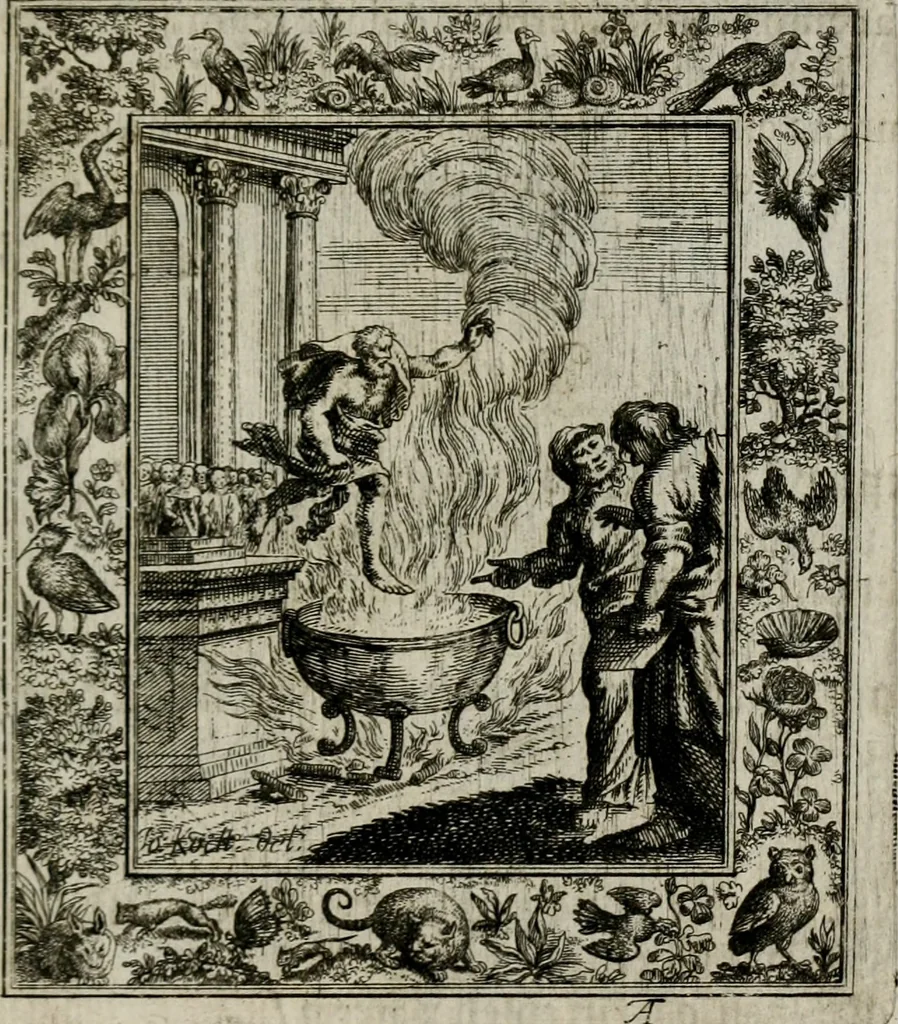 An illustration from Theatrum mortis humanæ tripartitum. I. Pars. Saltum mortis. II. Pars. Varia genera mortis. III. Pars. Pnas damnatorum continens. Figuris æneis illustratum, das ist, Schau-Bühne desz menschlichen Todts in drey Theil. 1. Theil. Der Toden Tantz. 2. Theil. Underschidliche Todts-Gattungen. 3. Theil. Der Verdambten Höllen-Peyn, vorstellend. Mit Schönen Kupffer-Stichen geziehrt vnd an Tag gegeben. Durch Joannem Weichardum Valvasor.., 1682, leaf 186