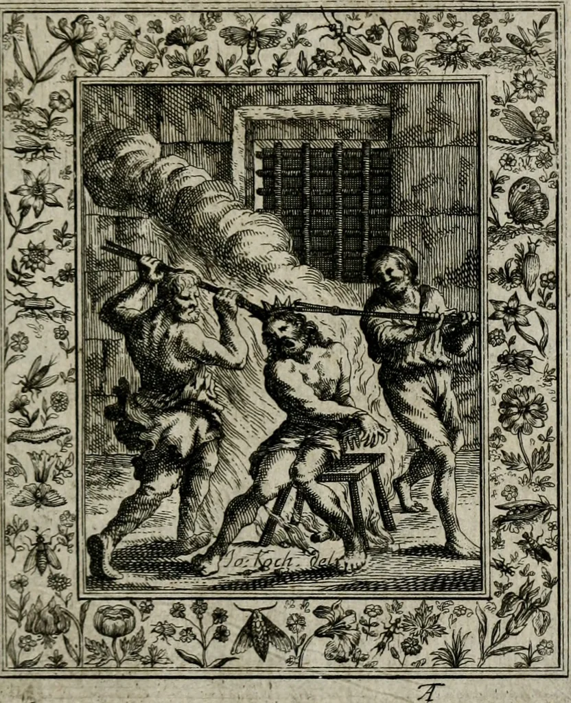 An illustration from Theatrum mortis humanæ tripartitum. I. Pars. Saltum mortis. II. Pars. Varia genera mortis. III. Pars. Pnas damnatorum continens. Figuris æneis illustratum, das ist, Schau-Bühne desz menschlichen Todts in drey Theil. 1. Theil. Der Toden Tantz. 2. Theil. Underschidliche Todts-Gattungen. 3. Theil. Der Verdambten Höllen-Peyn, vorstellend. Mit Schönen Kupffer-Stichen geziehrt vnd an Tag gegeben. Durch Joannem Weichardum Valvasor.., 1682, leaf 188