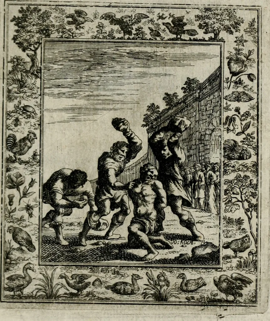 An illustration from Theatrum mortis humanæ tripartitum. I. Pars. Saltum mortis. II. Pars. Varia genera mortis. III. Pars. Pnas damnatorum continens. Figuris æneis illustratum, das ist, Schau-Bühne desz menschlichen Todts in drey Theil. 1. Theil. Der Toden Tantz. 2. Theil. Underschidliche Todts-Gattungen. 3. Theil. Der Verdambten Höllen-Peyn, vorstellend. Mit Schönen Kupffer-Stichen geziehrt vnd an Tag gegeben. Durch Joannem Weichardum Valvasor.., 1682, leaf 192