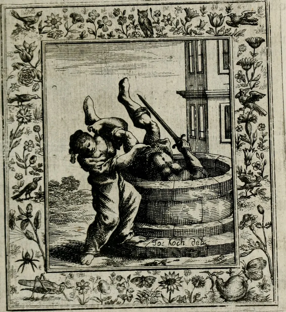 An illustration from Theatrum mortis humanæ tripartitum. I. Pars. Saltum mortis. II. Pars. Varia genera mortis. III. Pars. Pnas damnatorum continens. Figuris æneis illustratum, das ist, Schau-Bühne desz menschlichen Todts in drey Theil. 1. Theil. Der Toden Tantz. 2. Theil. Underschidliche Todts-Gattungen. 3. Theil. Der Verdambten Höllen-Peyn, vorstellend. Mit Schönen Kupffer-Stichen geziehrt vnd an Tag gegeben. Durch Joannem Weichardum Valvasor.., 1682, leaf 196